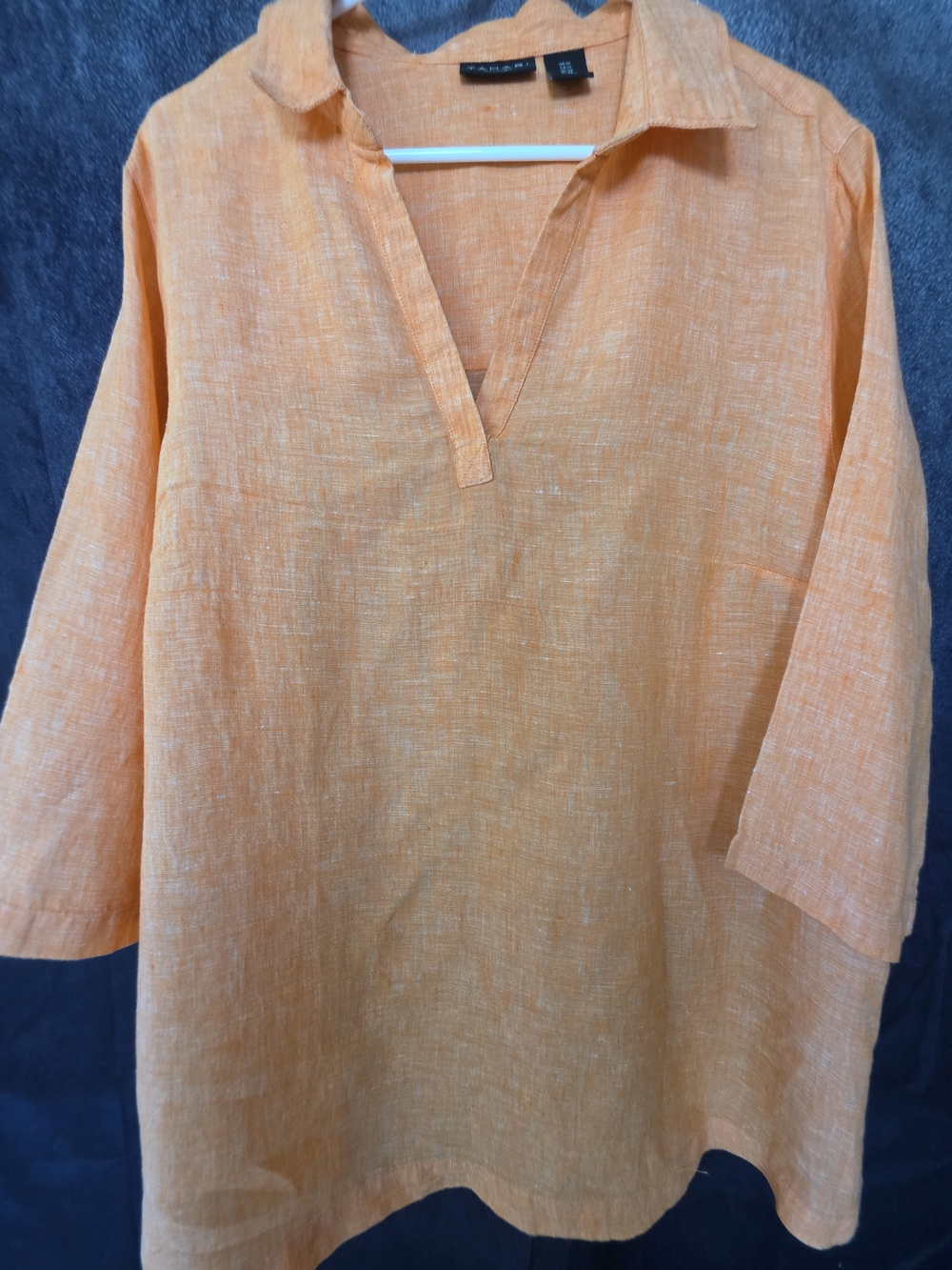 Tahari 100% Linen Tunic Blouse Women’s 1X Orange 3/4 Sleeve Side Buttons